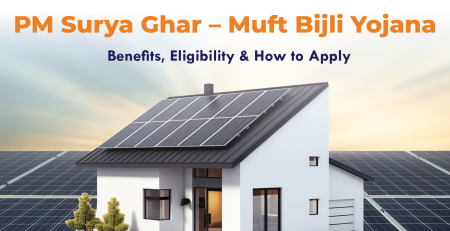 Illustration of a house with rooftop solar panels under PM Surya Ghar Yojana